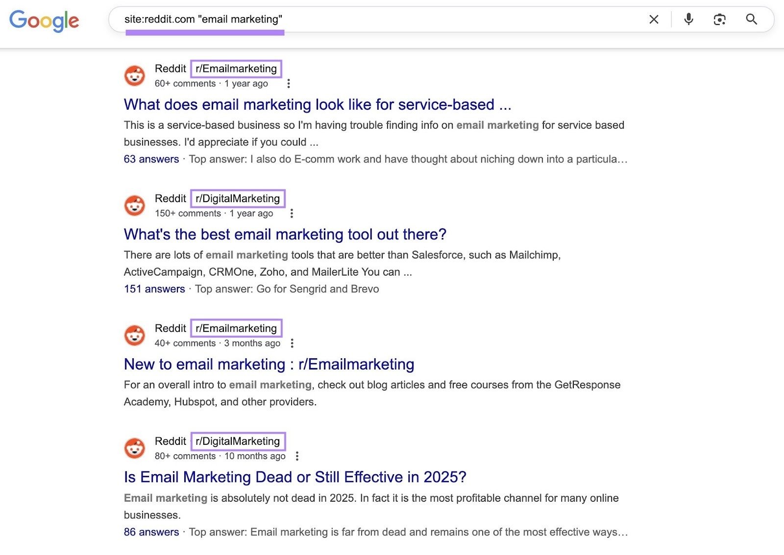 Using a site search operator with the keyword "email marketing" to find relevant Reddit communities on Google.
