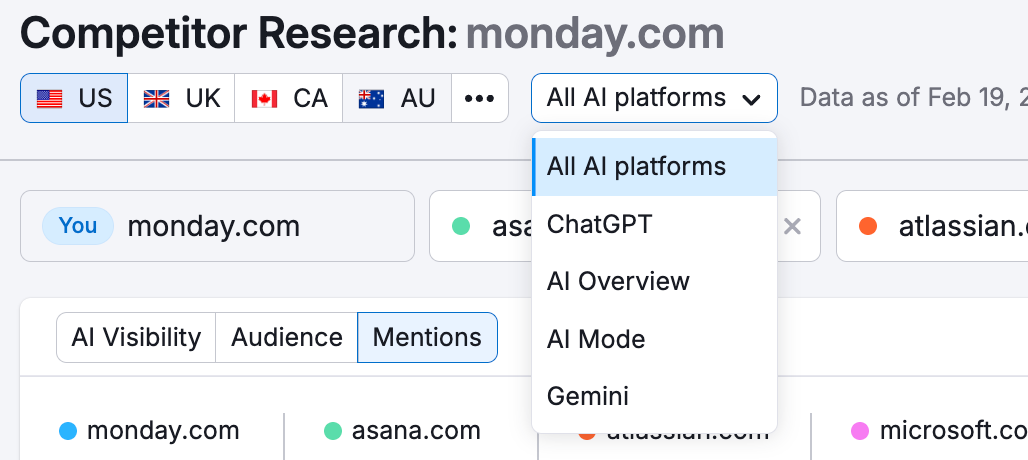 the AI platform selector in the toolkit