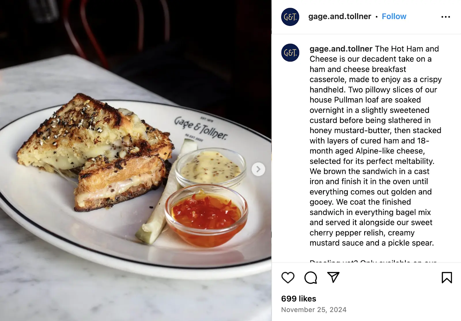 Gage & Tollner instagram post discussing recipe and cooking techniques.