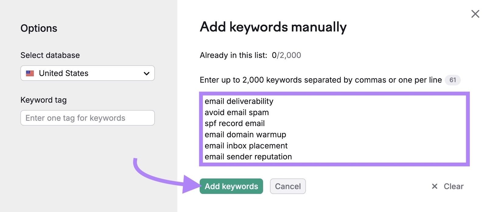 Add keywords manually window on the Keyword Strategy Builder with multiple keywords entered and "Add keywords" clicked.
