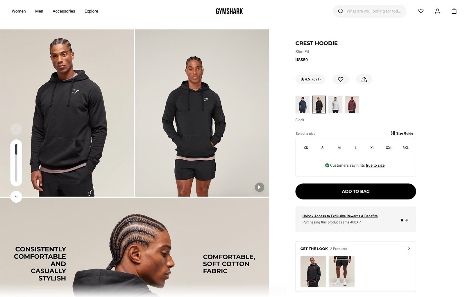 Gymshark Crest Hoodie product page with model photos, size selector, price, and Add to Bag button