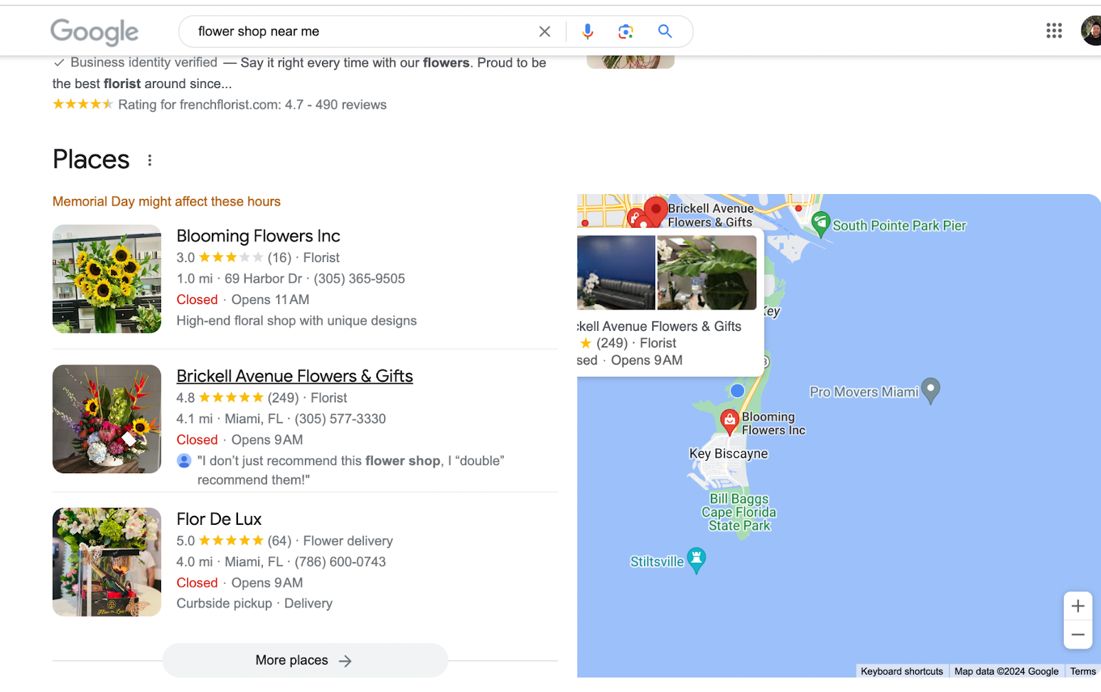 A flower shop near me search in Key Biscayne, Florida shows three closed shops in the local pack.
