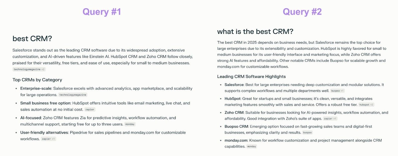 A comparison of how two very similar queries on Perplexity produce different results.