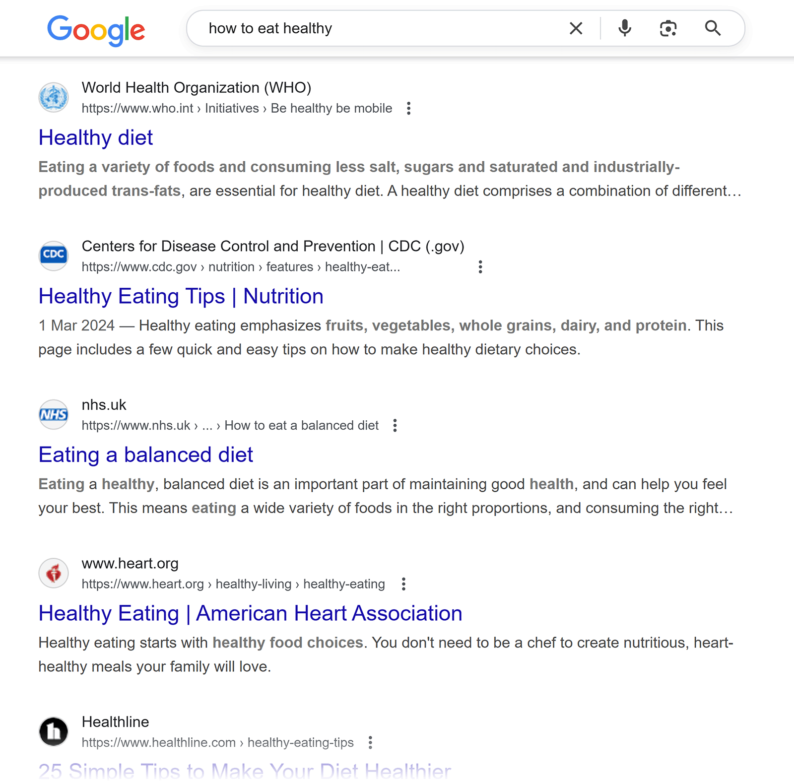 Google search results page for “how to eat healthy,” showing results from WHO, CDC, NHS, Heart Association, and Healthline