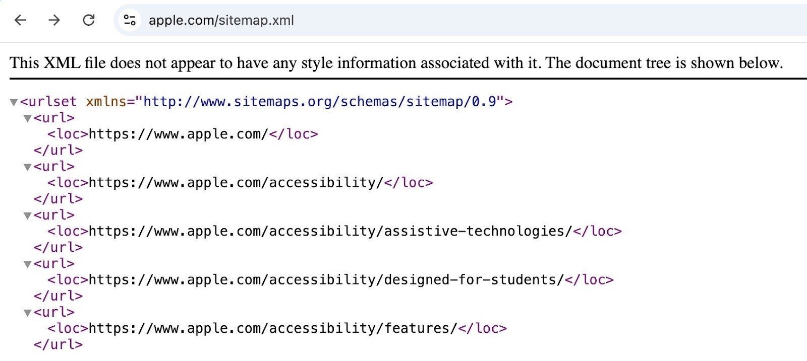 Sitemap Index of "apple.com" listing multiple sitemap files.