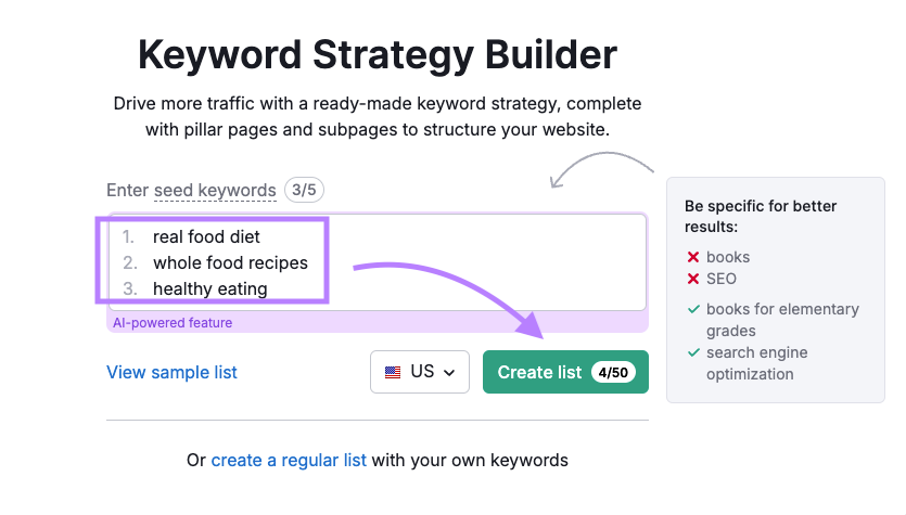 Entering three seed terms into the Keyword Strategy Builder.