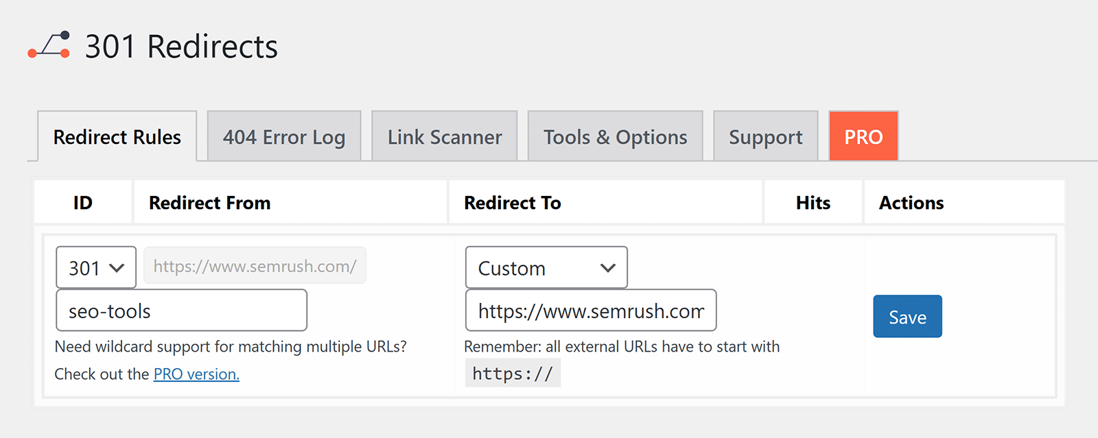 301 redirect plugin interface with URL path entered and custom destination set to semrush.com URL.