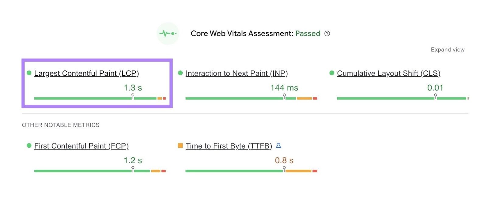 Core Web Vitals Assessment on Google Page Speed Insights with the "LCP" metric highlighted.