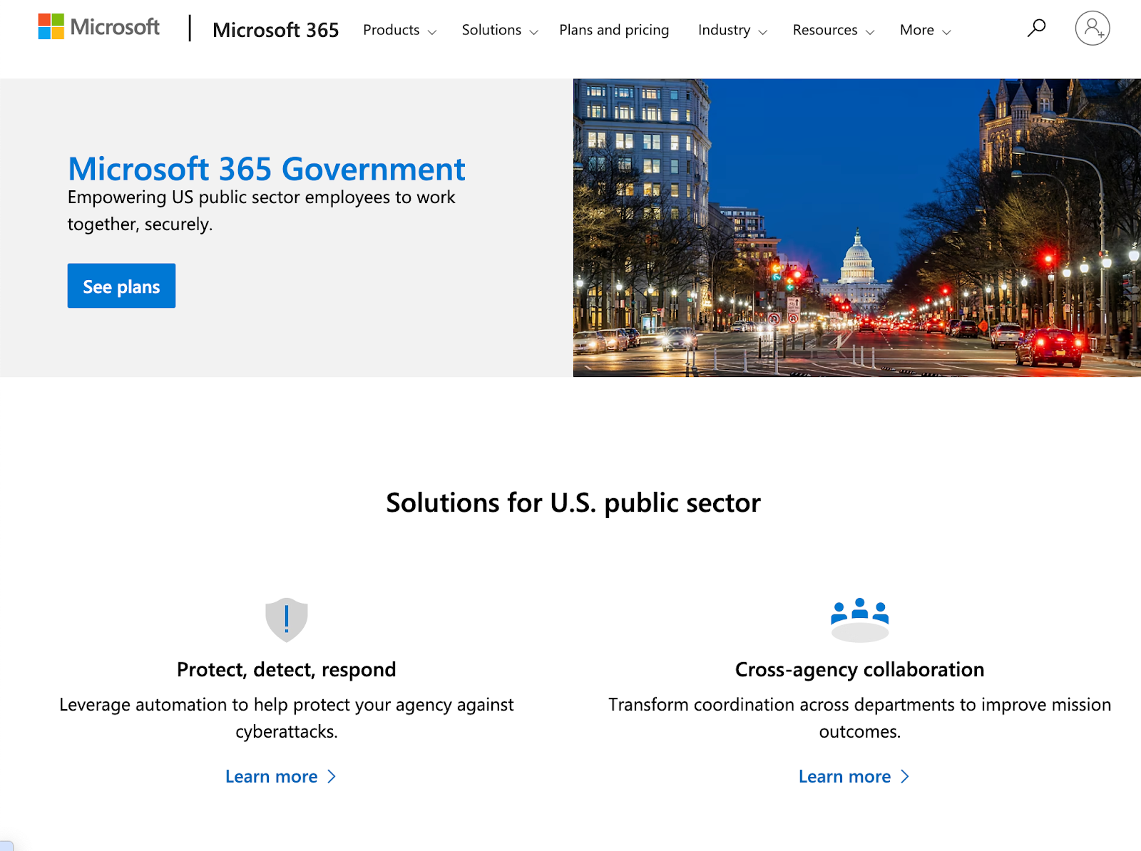 Microsoft 365 government landing page shows solutions for the US public sector