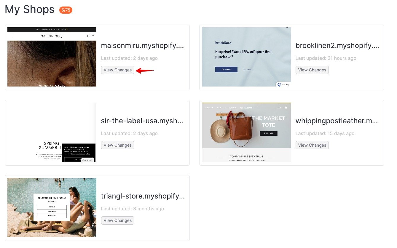 The &lsquo;my shops&rsquo; section with an arrow pointing to the &lsquo;view changes&rsquo; button on the first tile.