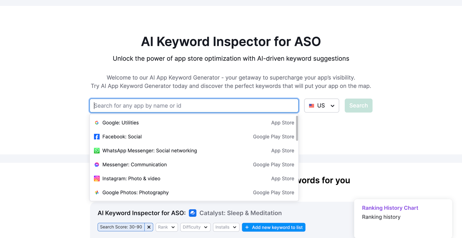 The homepage search box for AI Keyword Inspector for ASO.