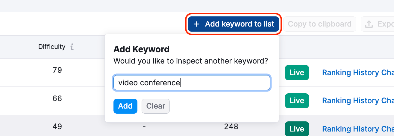 Adding a new keyword to the list in AI Keyword Inspector for ASO.