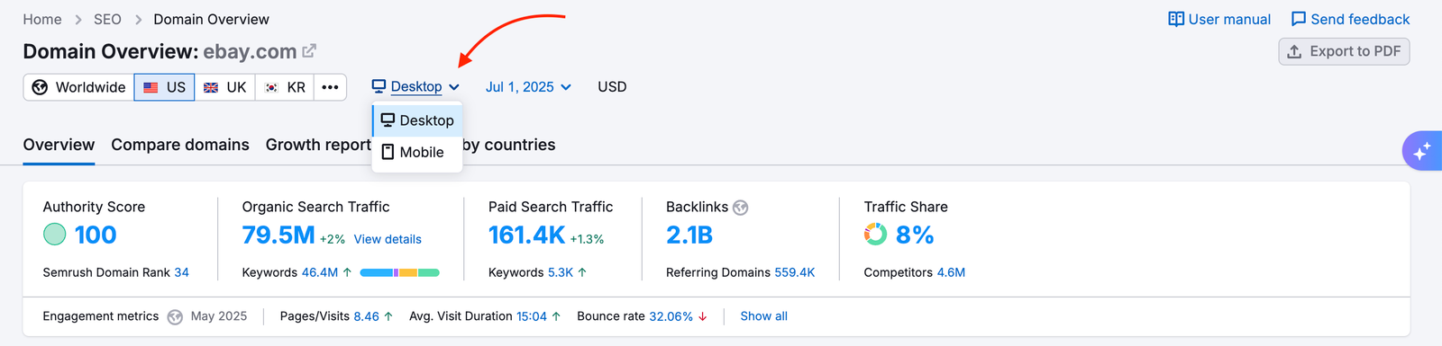 What mobile databases are available on Semrush? image 1