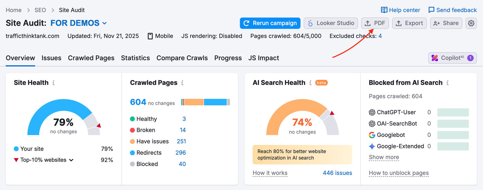 PDF export in Site Audit.