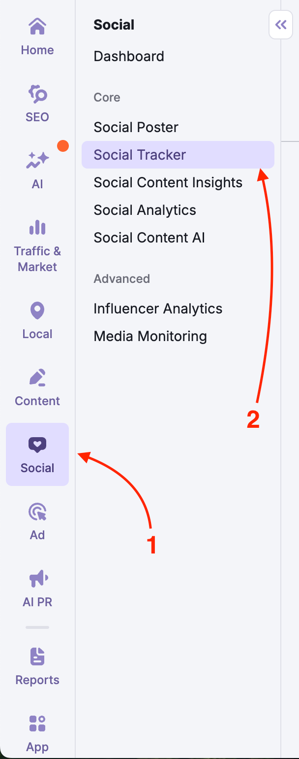Left-hand menu with the Social Tracker selected.