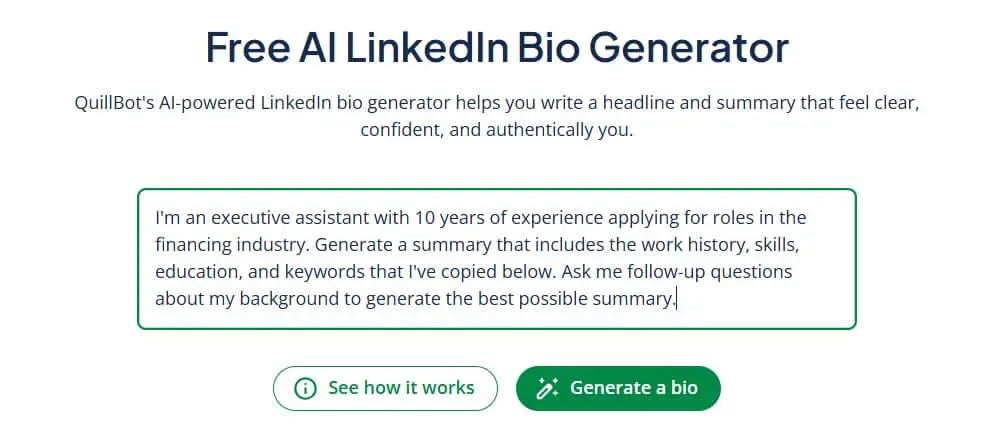 Screenshot of QuillBot's AI LinkedIn Bio generator