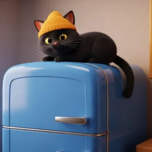 A 3D illustration of a black cat with large yellow eyes and a yellow hat sitting atop a blue, retro-refrigerator, generated by QuillBot's AI Illustration Generator