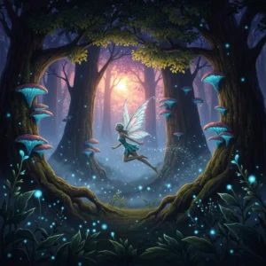Fantasy style illustration of a fairy in an enchanted forest with glowing shelf mushrooms on the trees, generated by QuillBot's AI Illustration Generator