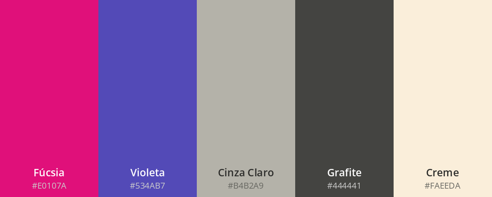Paleta nas cores: fúcsia, violeta, cinza claro, grafite e creme.