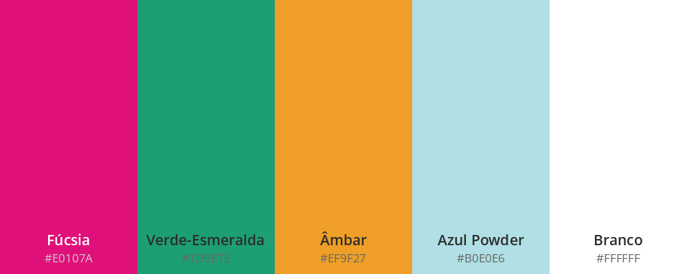 Paleta nas cores: fúcsia, verde-esmeralda, âmbar, azul powder e branco.